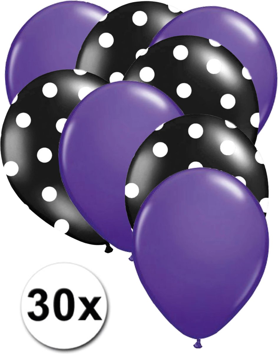 Ballonnen Paars & Dots Zwart/Wit 30 stuks 27 cm